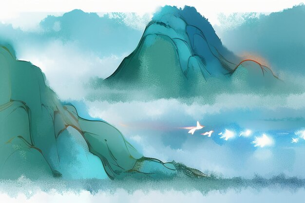 Красивый Пейзаж Фон Иллюстрации Солнце Гора Птица Река Озеро Лодка Акварельные Обои