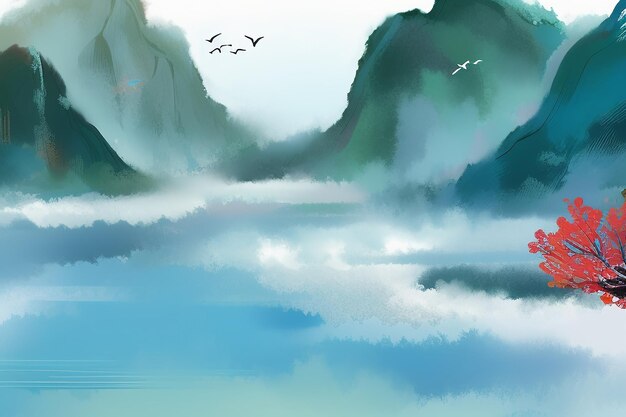 Beautiful Landscape Background Illustration Sun Mountain Bird River Lake Boat Watercolor Wallpaper