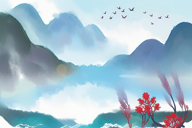 Beautiful Landscape Background Illustration Sun Mountain Bird River Lake Boat Watercolor Wallpaper