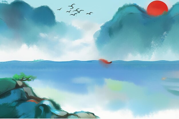 Beautiful landscape background illustration sun mountain bird river lake boat watercolor wallpaper