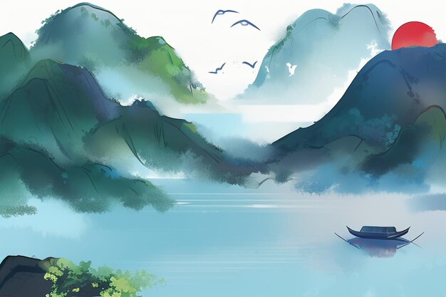 Beautiful landscape background illustration sun mountain bird river lake boat watercolor wallpaper