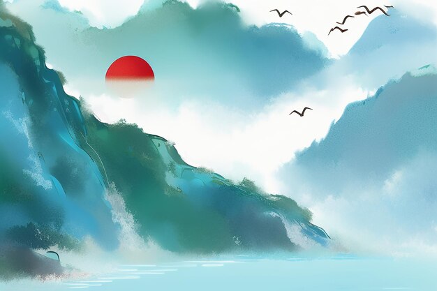 Beautiful landscape background illustration sun mountain bird river lake boat watercolor wallpaper