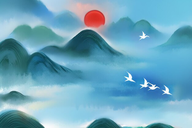 Beautiful landscape background illustration sun mountain bird river lake boat watercolor wallpaper