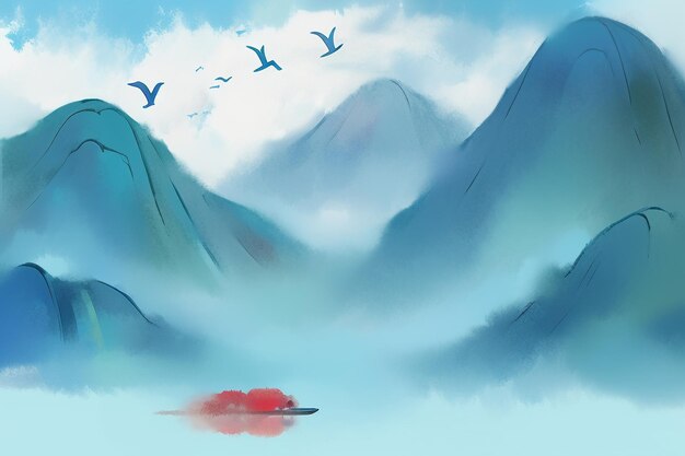 Beautiful landscape background illustration sun mountain bird river lake boat watercolor wallpaper