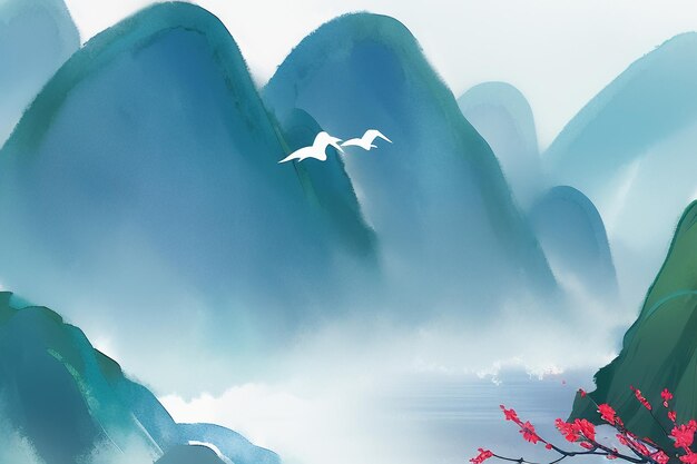 Beautiful landscape background illustration sun mountain bird river lake boat watercolor wallpaper