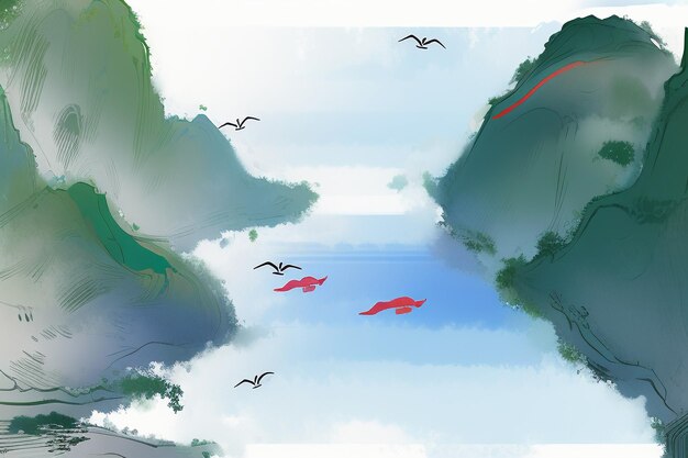 Foto bellissimo paesaggio sfondo illustrazione sole montagna uccello fiume lago barca carta da parati acquerello