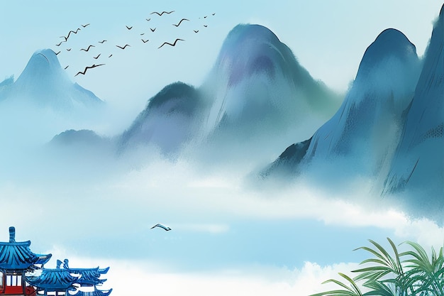 Beautiful Landscape Background Illustration Sun Mountain Bird River Lake Boat Watercolor Wallpaper