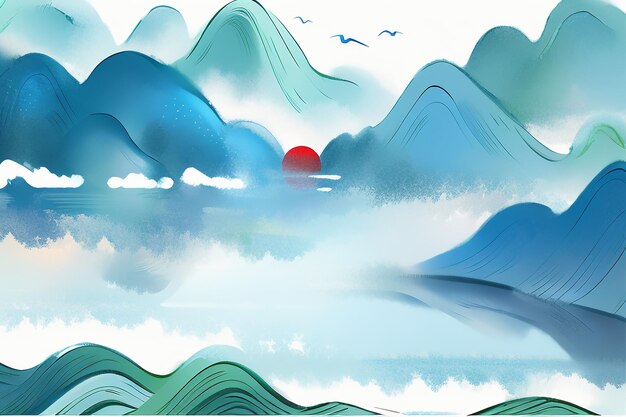 Beautiful landscape background illustration sun mountain bird river lake boat watercolor wallpaper