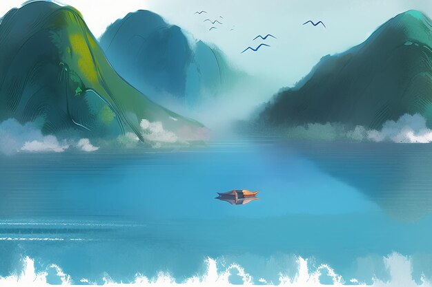 Beautiful Landscape Background Illustration Sun Mountain Bird River Lake Boat Watercolor Wallpaper