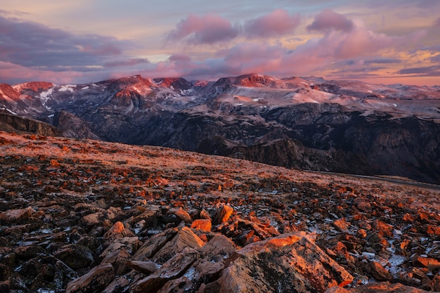 Beautiful landscape of  Beartooth Pass. Shoshone National Forest, Wyoming, USA. Sunrise scene.