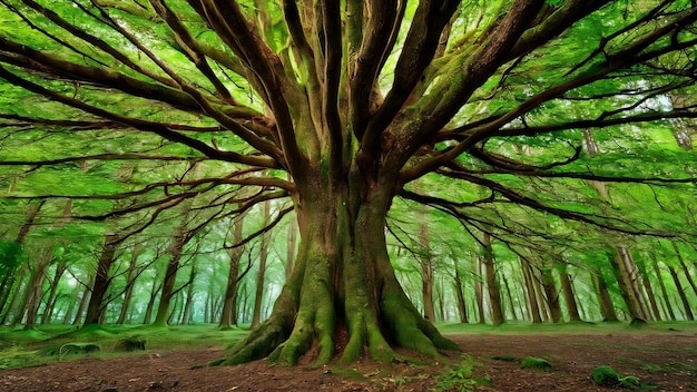 Beautiful landscape of big tree in the forest with low angel view