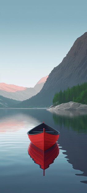 Beautiful landscape of a boat on a lake against a background of mountains and blue sky