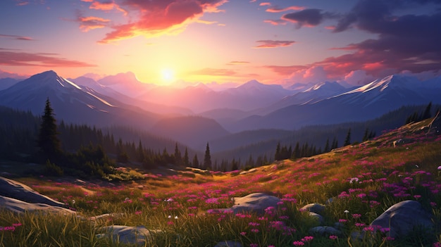 Beautiful landscape of Carpathian Mountains at sunset