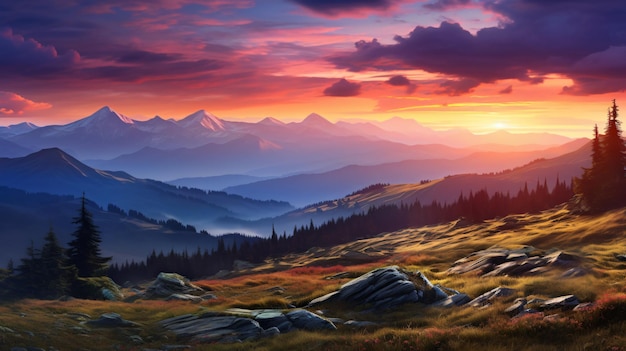 Beautiful landscape of Carpathian Mountains at sunset