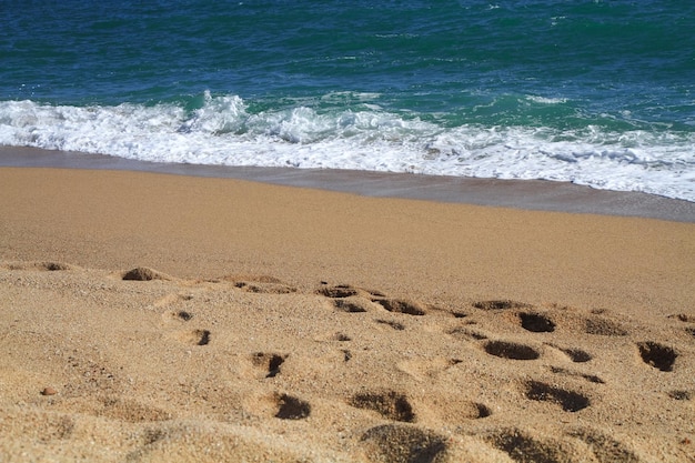 Beautiful landscape on the coast of the beach and sea waves against the background of the blue sky