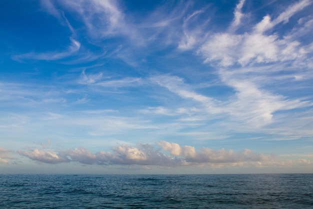 Beautiful landscape on the coast of the beach and sea waves against the background of the blue sky