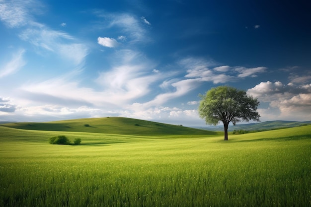 Beautiful landscape countryside with green meadow on the hill Created with Generative AI technology