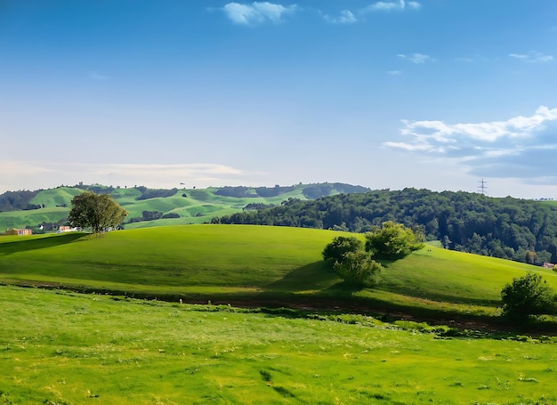 Beautiful landscape countryside with green meadow on the hill