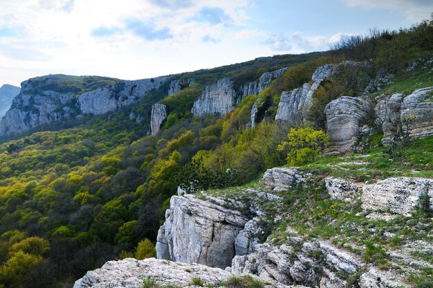 Beautiful landscape in Crimea, view from top of Ai-Petri mountain, forest valley and white clouds in sky