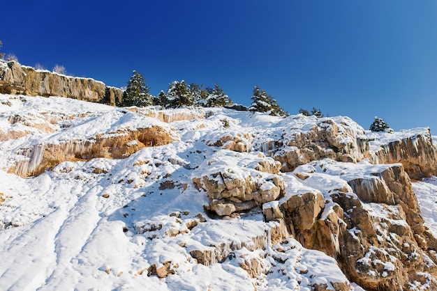 Beautiful landscape of different mountains covered with snow.