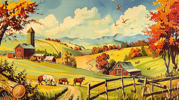 Photo a beautiful landscape of a farm in the autumn the image features a red barn a silo and a few cows grazing in a lush green field