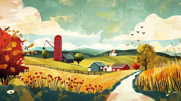 Photo a beautiful landscape of a farm in the countryside the image features a red barn a white farmhouse and a silo