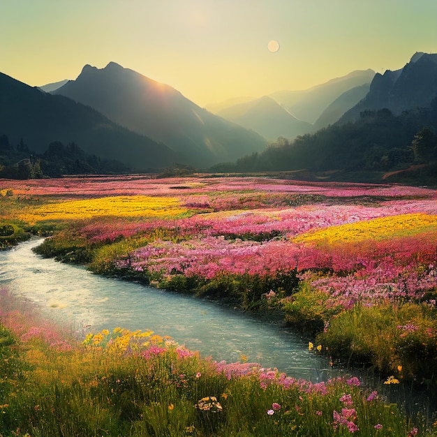 Beautiful landscape of a field with flowers and river in the mountains at dawn