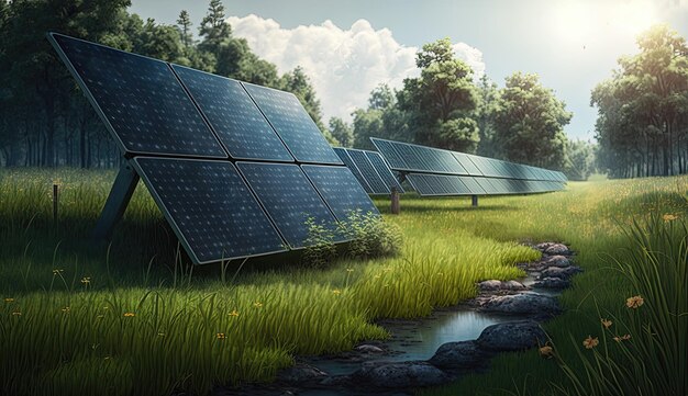 緑の野原と青い空に満ちた美しい風景は、太陽のエネルギーを利用して世界に持続可能な電力を供給する非常に現実的なソーラーパネルを特徴としています AI によって生成されます