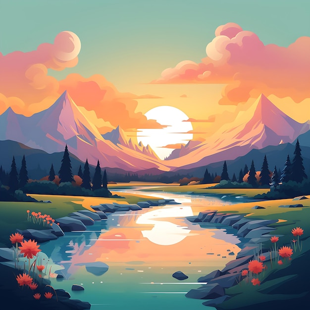 beautiful LANDSCAPE FLAT ILLUSTRATION STYLE