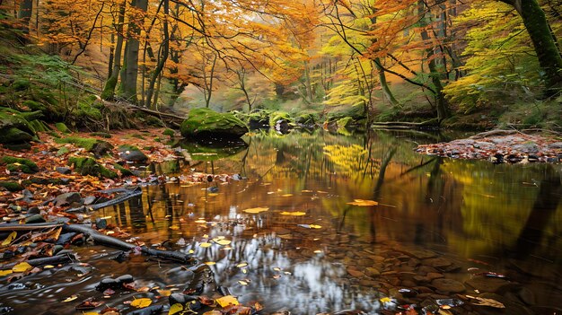 川が流れる森の美しい風景 樹木は満開で 葉は鮮やかな緑色です