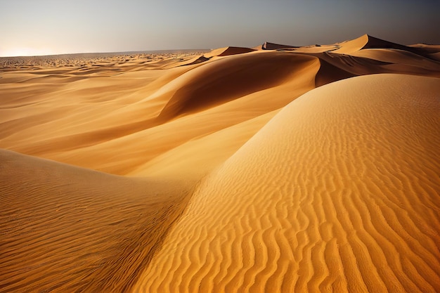 Beautiful landscape of golden waves of dry sand desert dunes