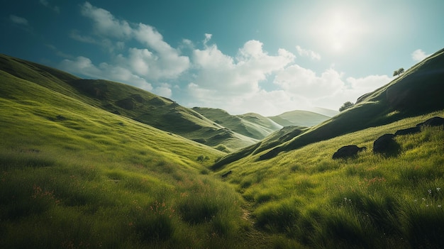 Beautiful landscape of grassland in the mountains with blue skygenerative ai