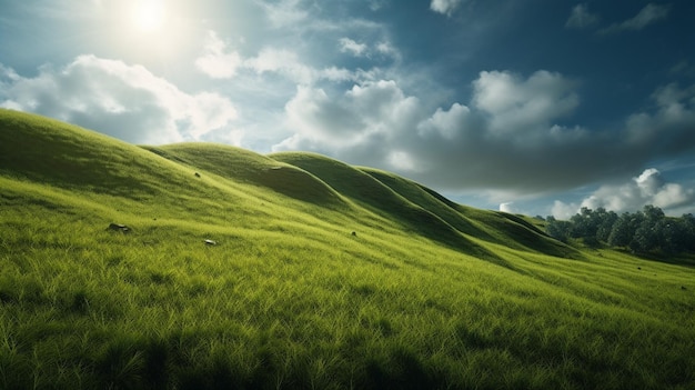 Bellissimo paesaggio di prati in montagna con cielo blu ai generativo