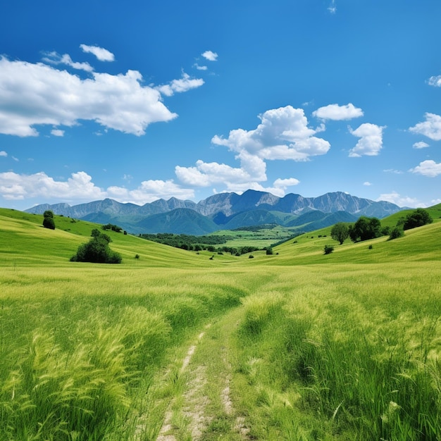 Foto beautiful landscape of green field with blue sky and mountains in the background high quality phot