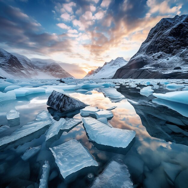 beautiful landscape of ice blocks over lake between mountains