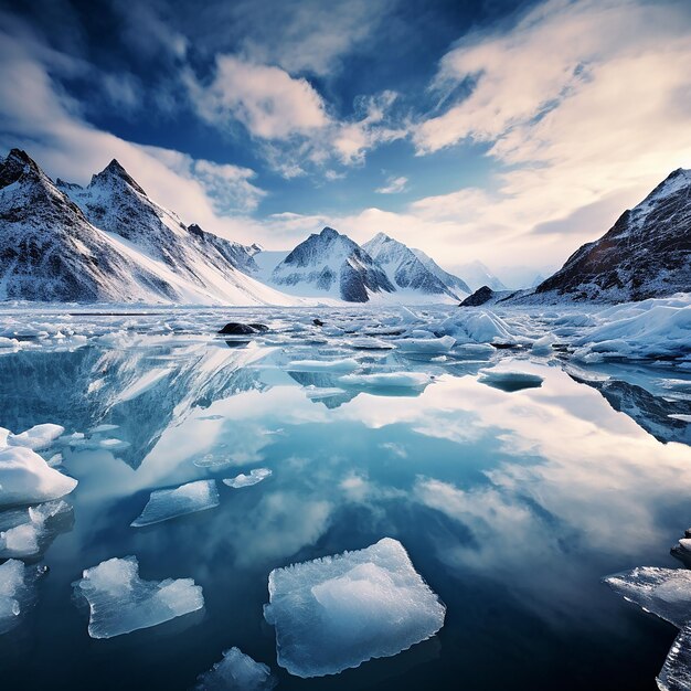 Photo beautiful landscape of ice blocks over lake between mountains