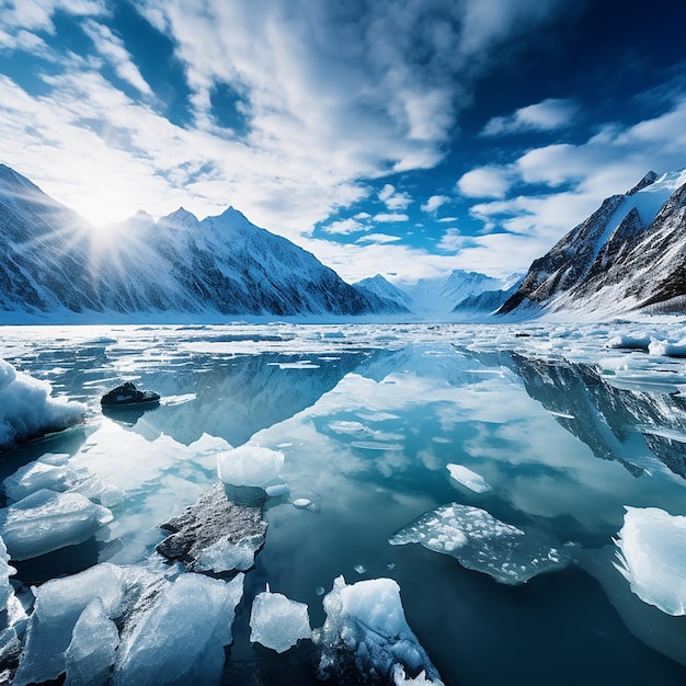 Foto bellissimo paesaggio di blocchi di ghiaccio sopra il lago tra le montagne