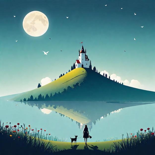 Photo a beautiful landscape illustration of a medieval castle with a red moon and the foresta beautiful l