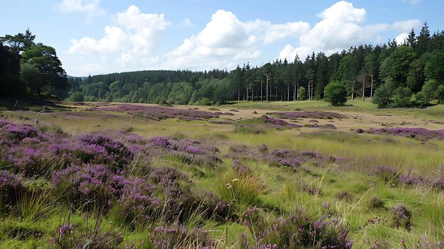 Photo a beautiful landscape image of a field of purple heather in bloom the heather is in the foreground with a forest of green trees behind it