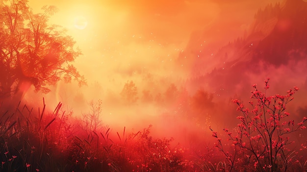 A beautiful landscape image of a forest with a red atmosphere The trees are tall and the leaves are a deep red color