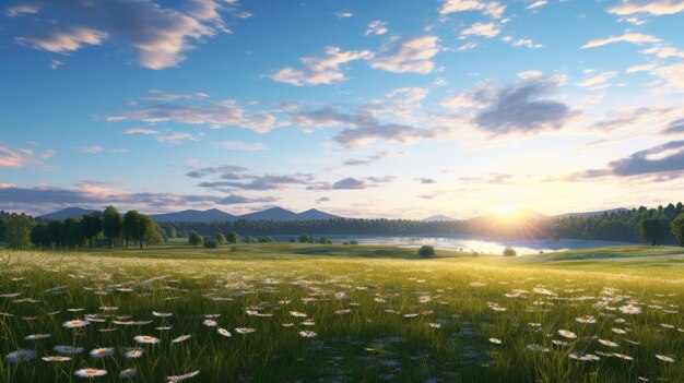 Photo a beautiful landscape image of a green field of daisies with a lake and mountains in the distance