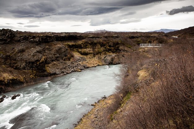 Beautiful landscape image of Iceland with mountains blue sky and green grass