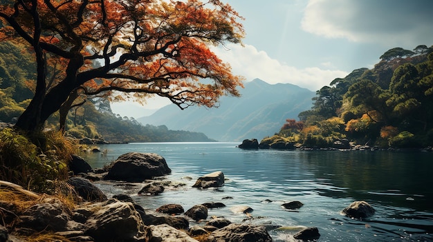 前面に木がある湖の美しい風景画像