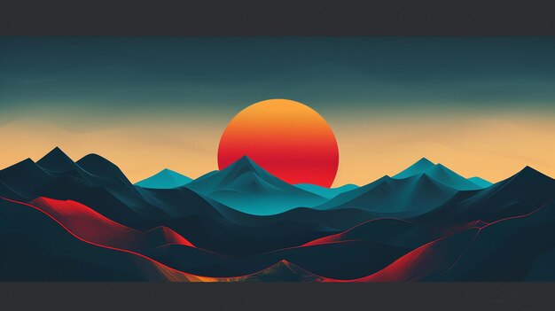 Photo a beautiful landscape image of a mountain range at sunset the sky is a deep blue color and the sun is a bright orange