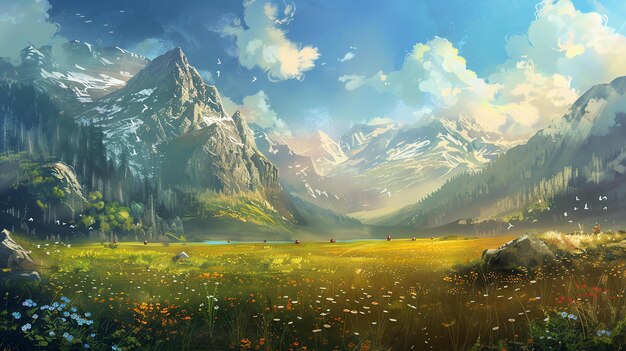 A beautiful landscape image of a mountain valley with a lake green fields and snowcapped mountains in the distance