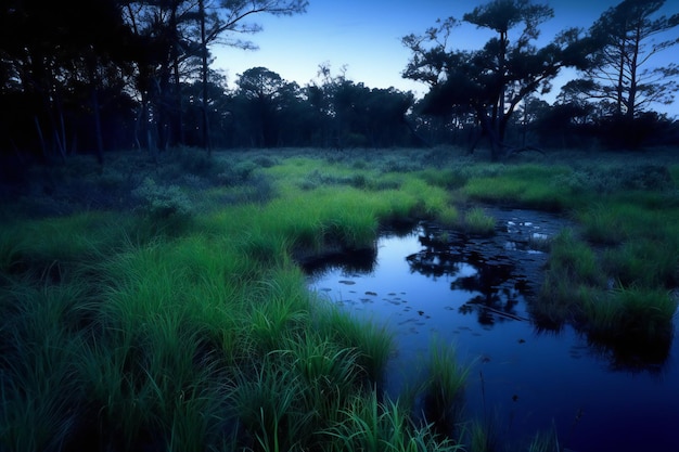 Красивое пейзажное изображение болота с отражением в воде