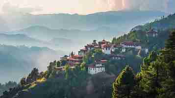 Photo a beautiful landscape image of a temple in the mountains the temple is surrounded by lush green trees and the mountains are covered in snow