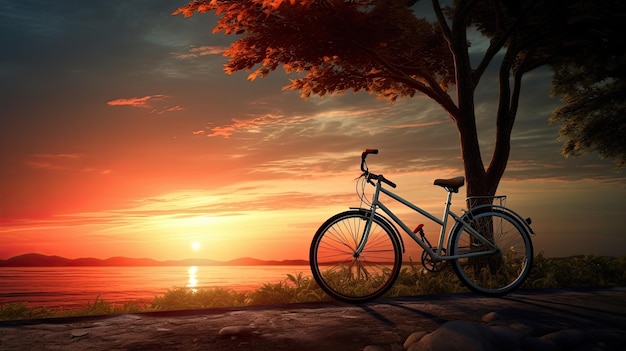 Красивое пейзажное изображение старинного велосипеда, припаркованного у реки на закате