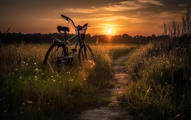 Beautiful landscape image with Bicycle at sunset Generative AI