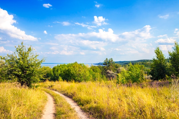 Beautiful landscape of Kaniv Reservoir shore, Ukraine, in sunny day with bright cloudy sky